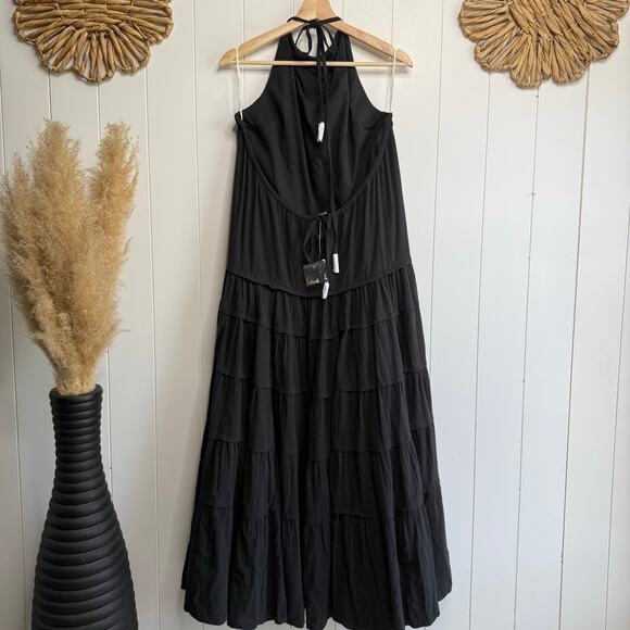 Free People maxi dress tiered halter ruffled cotton boho sleeveless Medium black - Picture 4 of 7